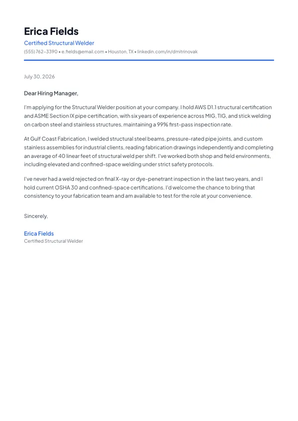 Welder cover letter example — full one-page sample