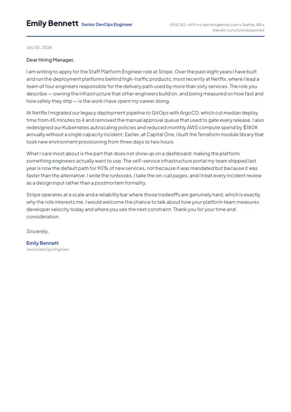 Compact cover letter template — filled example