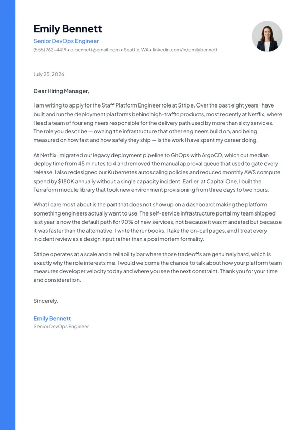 Modern cover letter template — filled example
