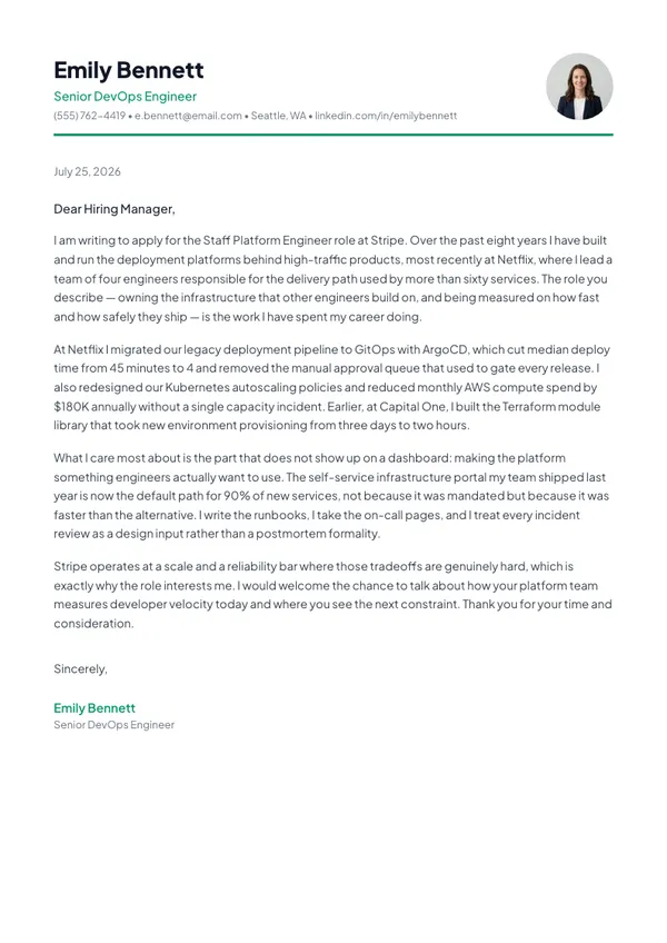 Professional cover letter template — filled example