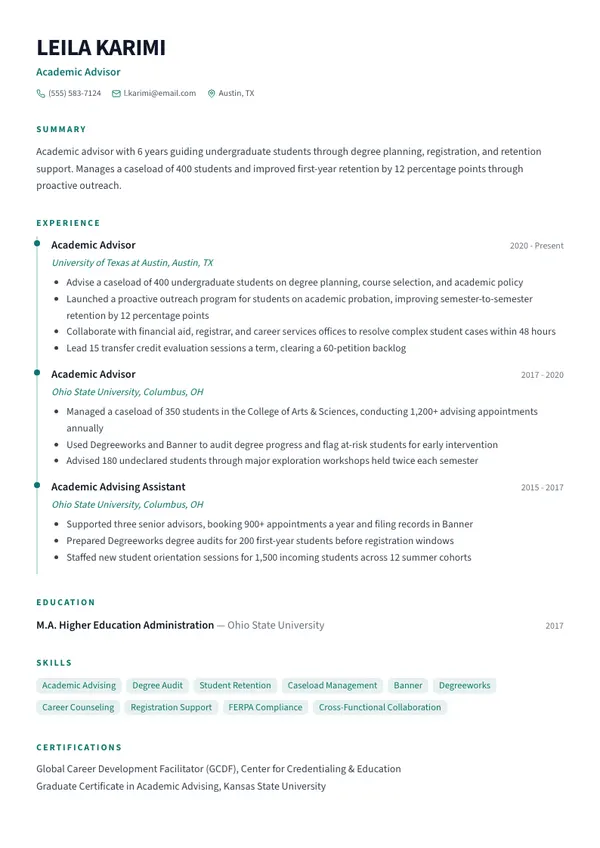Academic Advisor resume example — full one-page sample