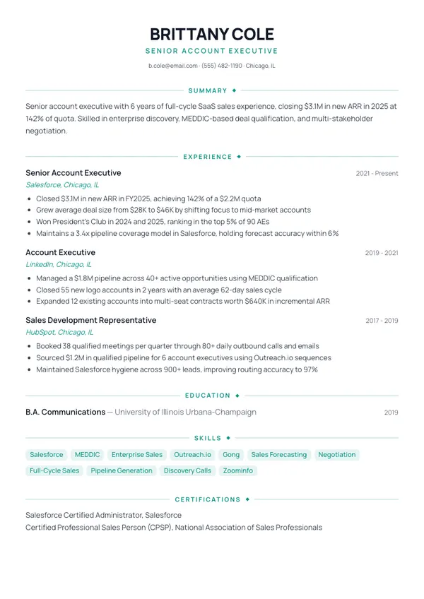 Account Executive resume example — full one-page sample