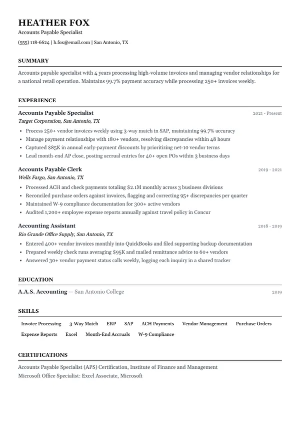 Accounts Payable Specialist resume example — full one-page sample