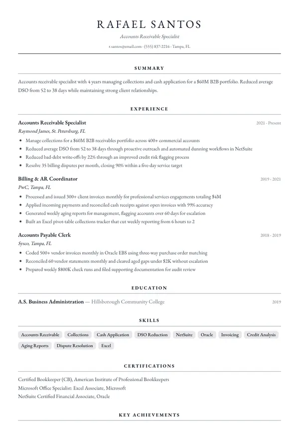 Accounts Receivable Specialist resume example — full one-page sample