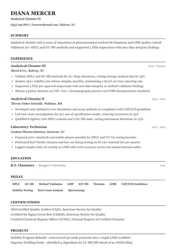 Analytical Chemist resume example — full one-page sample