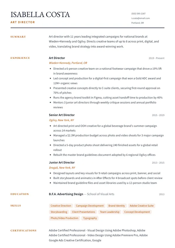 Art Director resume example — full one-page sample