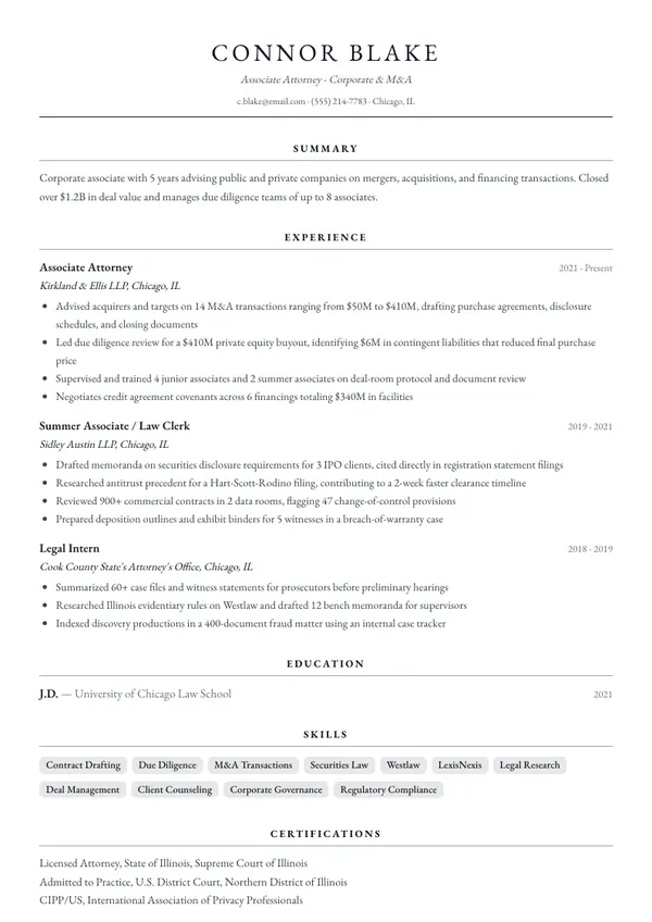 Associate Attorney resume example — full one-page sample