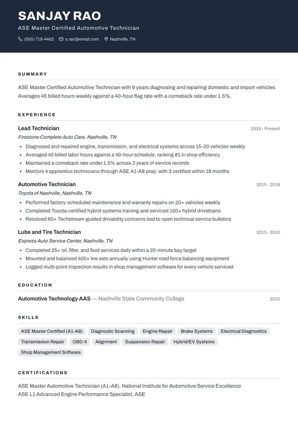 Automotive Technician resume example — full one-page sample