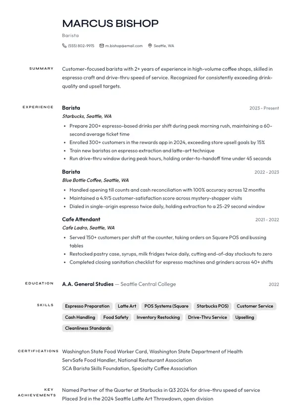 Barista resume example — full one-page sample