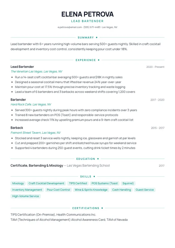 Bartender resume example rendered in the Minimalist Teal template