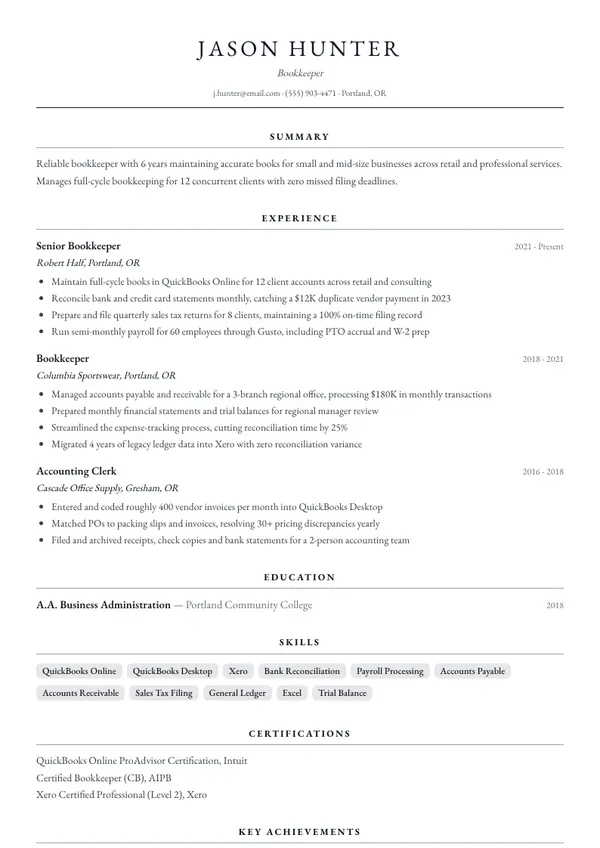 Bookkeeper resume example — full one-page sample