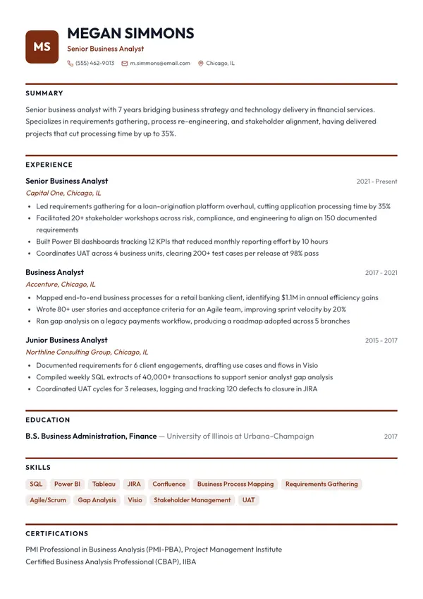 Business Analyst resume example — full one-page sample