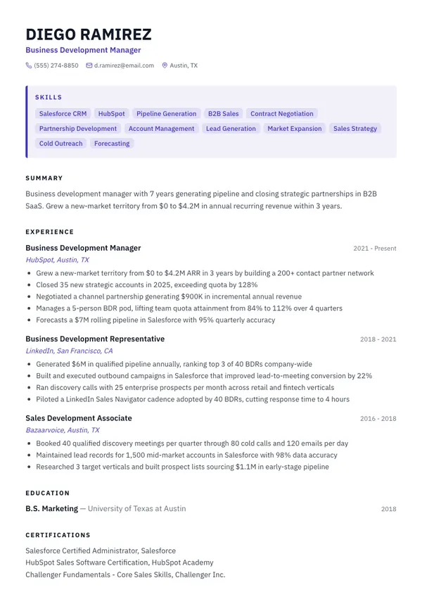 Business Development Manager resume example — full one-page sample