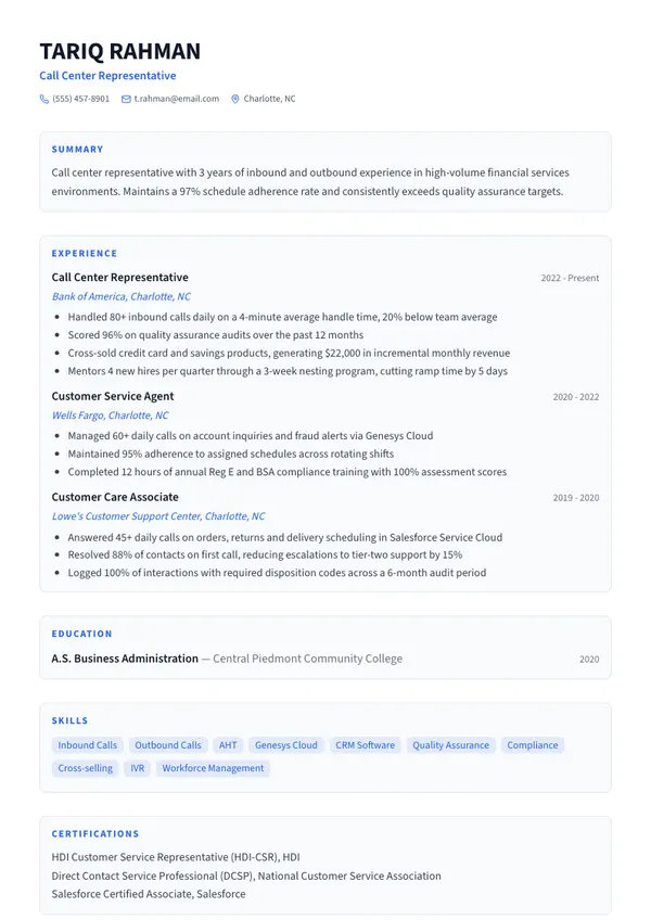 Call Center Representative resume example โ full one-page sample