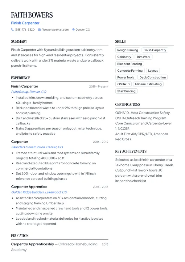 Carpenter resume example — full one-page sample