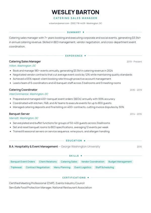 Catering Manager resume example — full one-page sample
