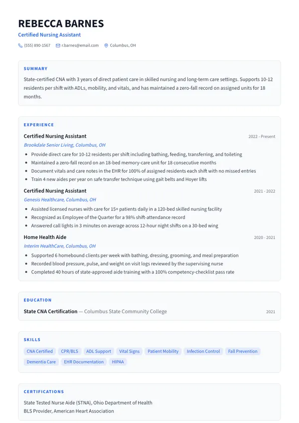 Certified Nursing Assistant resume example — full one-page sample