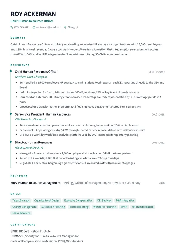 Chief Human Resources Officer resume example — full one-page sample