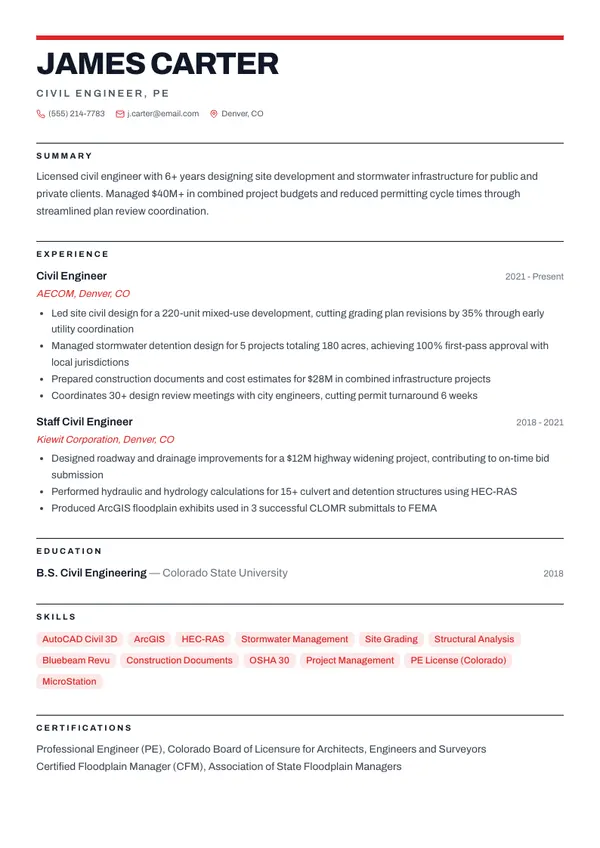 Civil Engineer resume example — full one-page sample