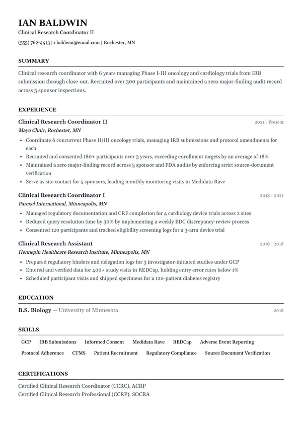 Clinical Research Coordinator resume example — full one-page sample