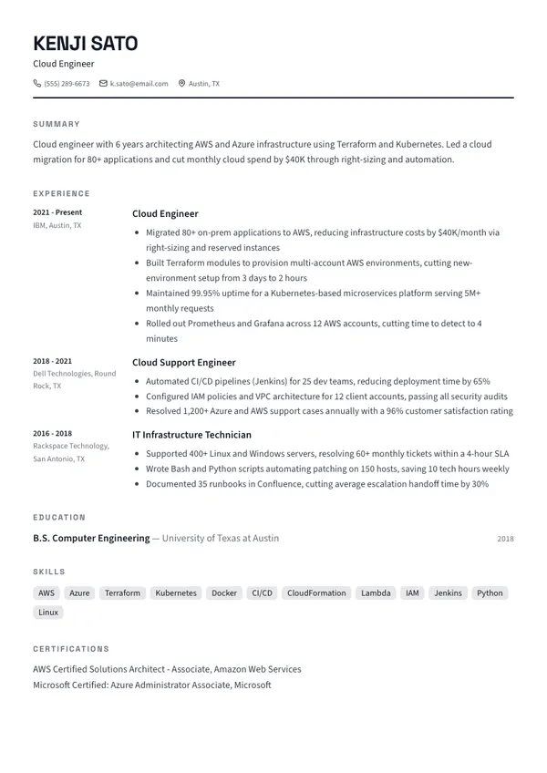 Cloud Engineer resume example rendered in the Tech Professional template