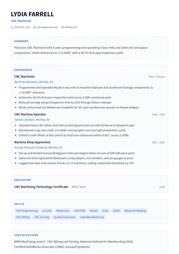 CNC Machinist resume example — full one-page sample