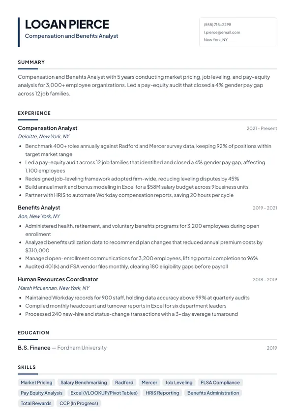 Compensation and Benefits Analyst resume example — full one-page sample