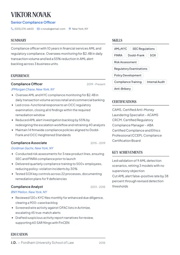 Compliance Officer resume example — full one-page sample