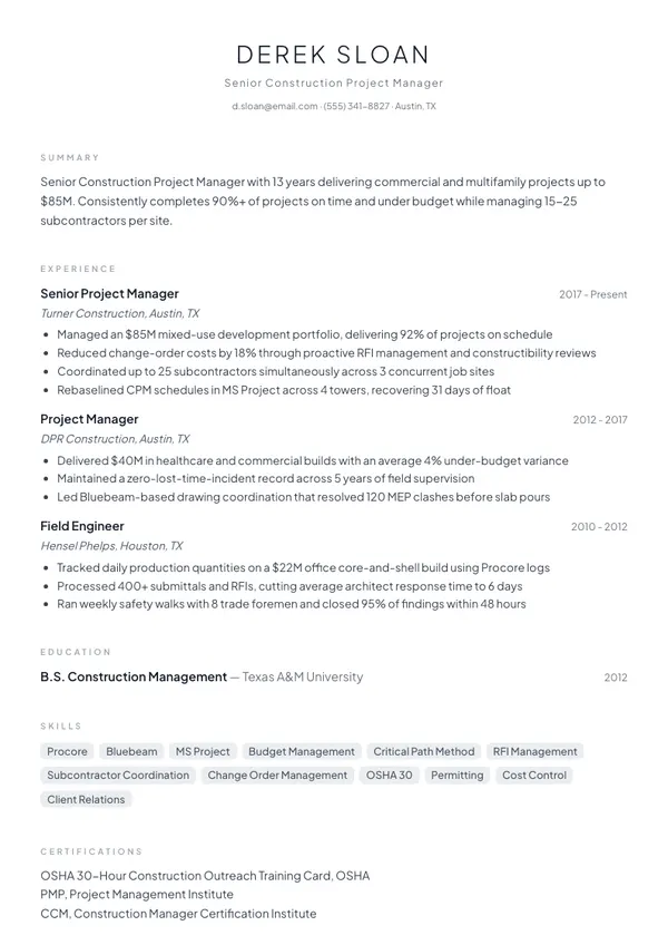 Construction Project Manager resume example — full one-page sample