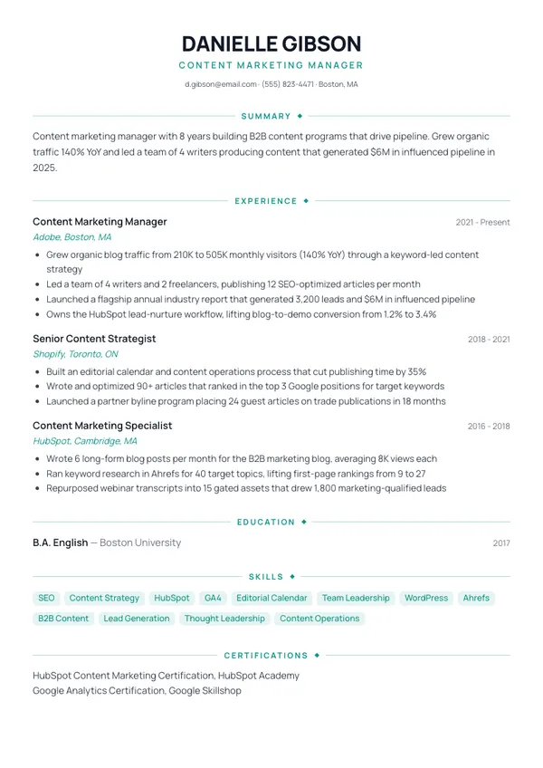 Content Marketing Manager resume example — full one-page sample