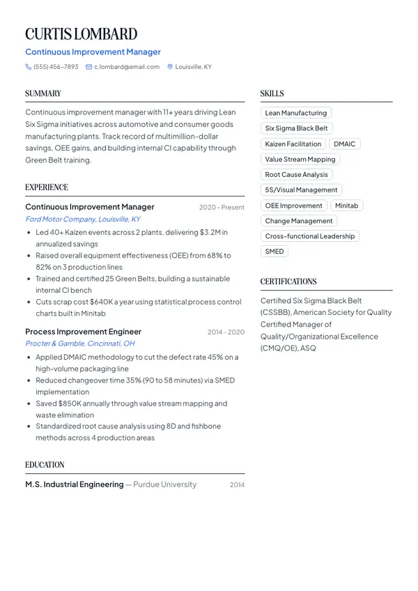 Continuous Improvement Manager resume example — full one-page sample