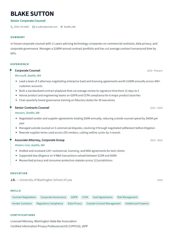 Corporate Counsel resume example — full one-page sample