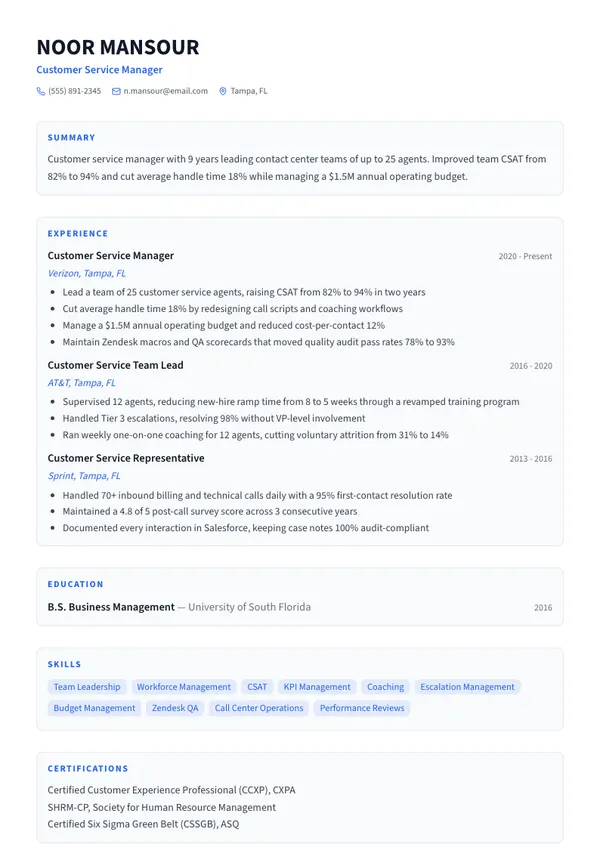 Customer Service Manager resume example — full one-page sample
