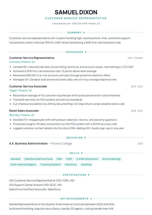 Customer Service Representative resume example — full one-page sample