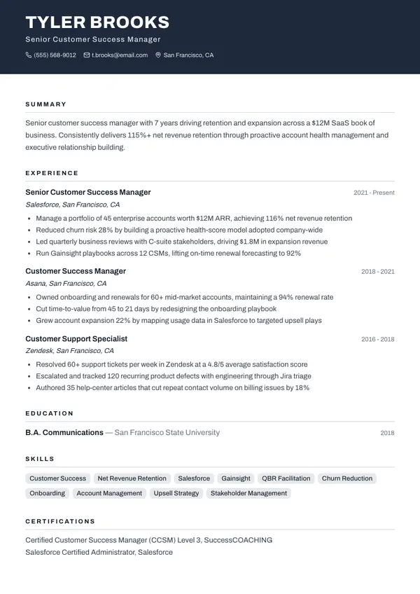 Customer Success Manager resume example — full one-page sample