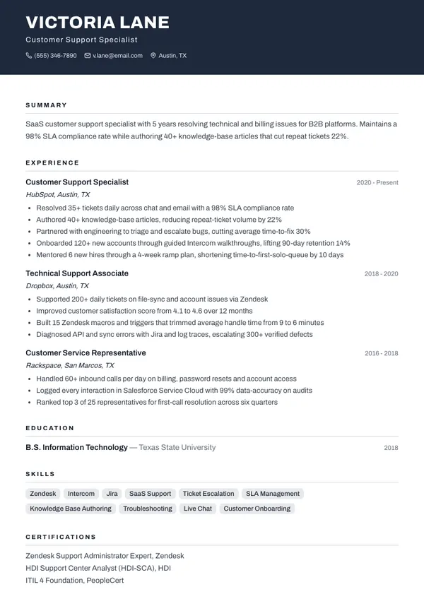 Customer Support Specialist resume example — full one-page sample