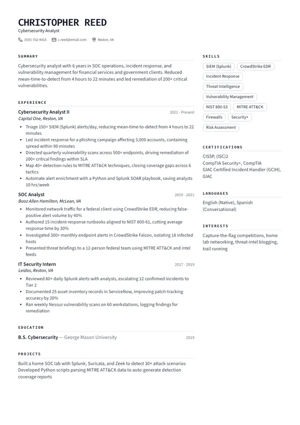 Cybersecurity Analyst resume example — full one-page sample
