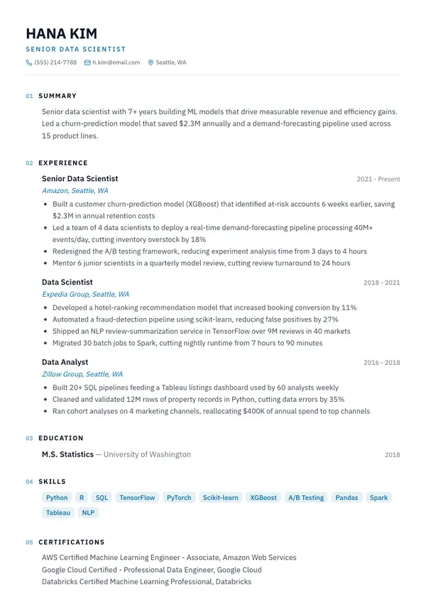 Data Scientist resume example — full one-page sample