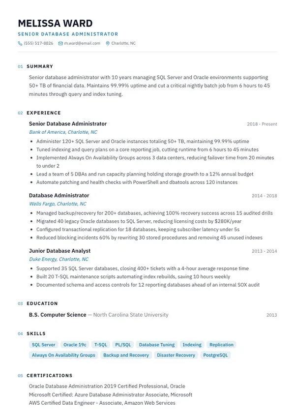 Database Administrator resume example — full one-page sample