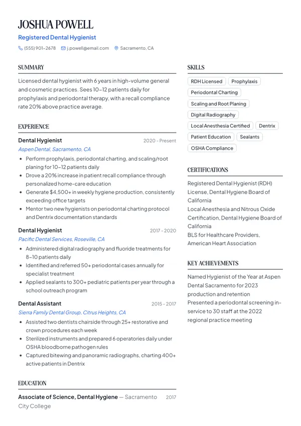 Dental Hygienist resume example — full one-page sample