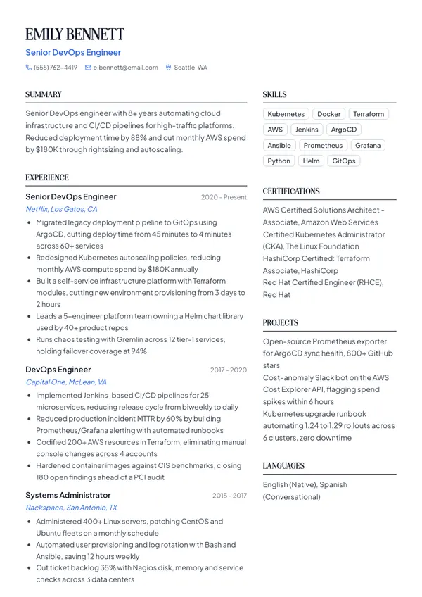 DevOps Engineer resume example — full one-page sample
