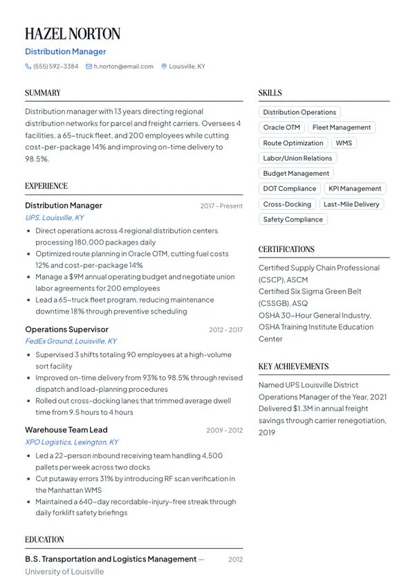 Distribution Manager resume example — full one-page sample