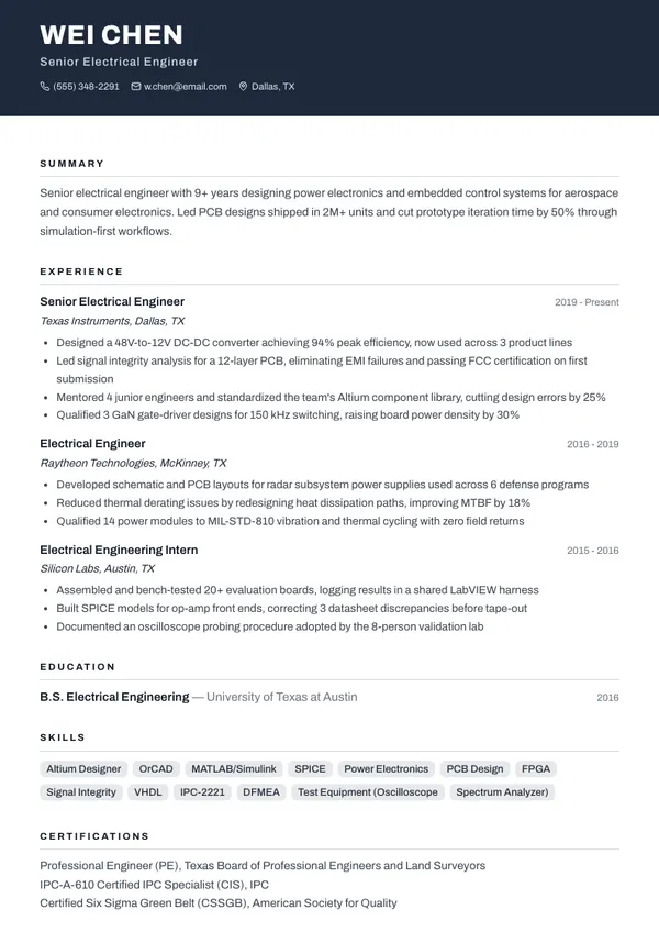 Electrical Engineer resume example — full one-page sample