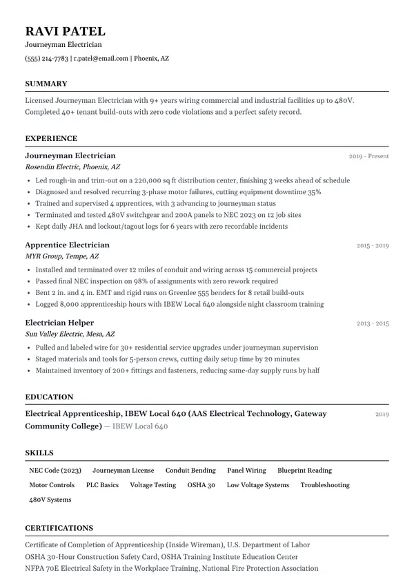 Electrician resume example — full one-page sample