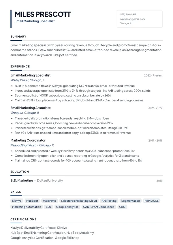 Email Marketing Specialist resume example — full one-page sample