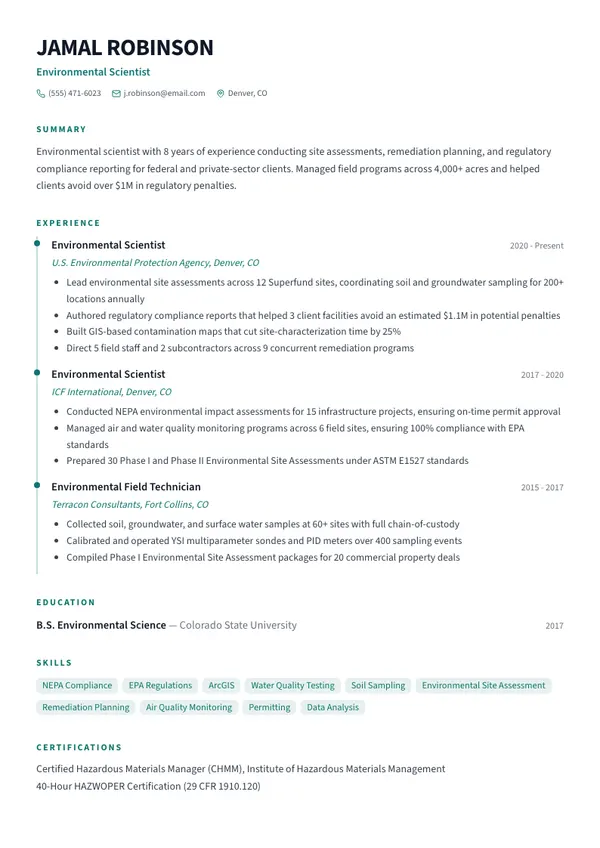 Environmental Scientist resume example — full one-page sample