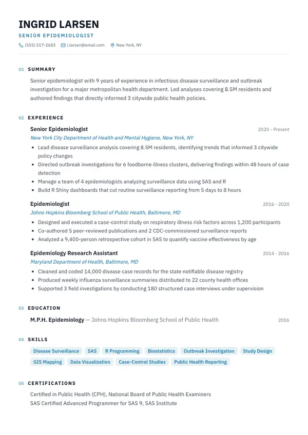 Epidemiologist resume example — full one-page sample
