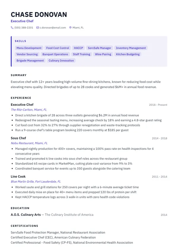 Executive Chef resume example — full one-page sample
