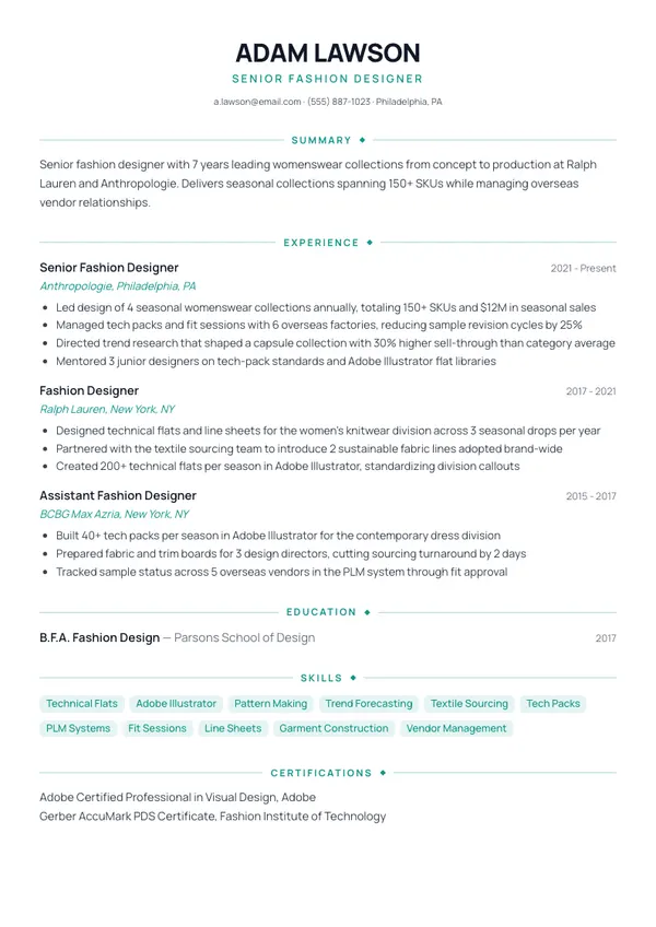 Fashion Designer resume example — full one-page sample