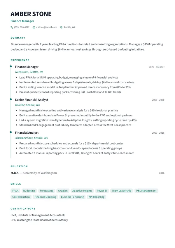 Finance Manager resume example — full one-page sample
